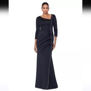 NWT Xscape Women's Ruched Off-The-Shoulder Gown in Gunmetal Black